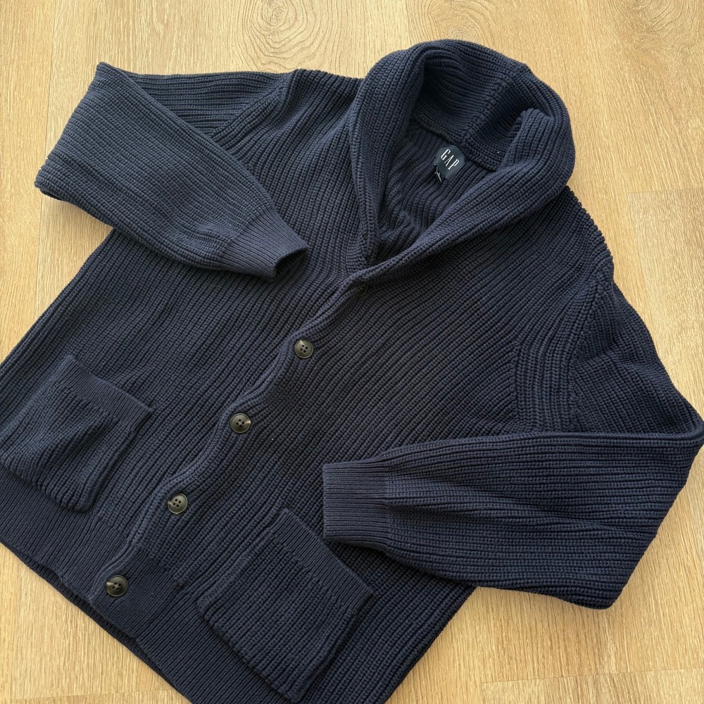 GAP Shawl Collar Cardigan Sweater Mens Large Navy Blue Cotton Shaker Knit Pocket